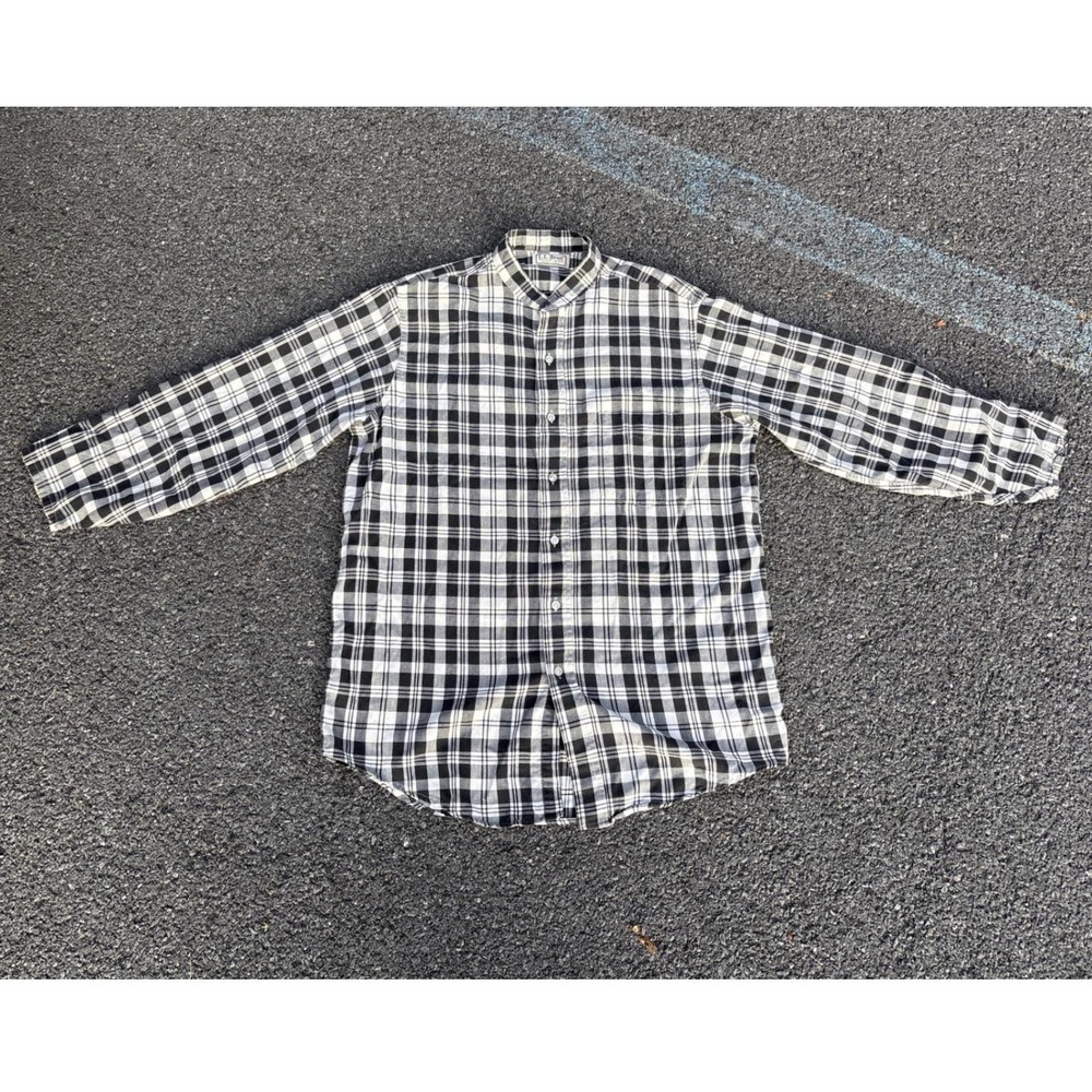 Vintage 70s‎ L.L. Bean Black White Plaid Flannel Shirt Mens USA Band Collar